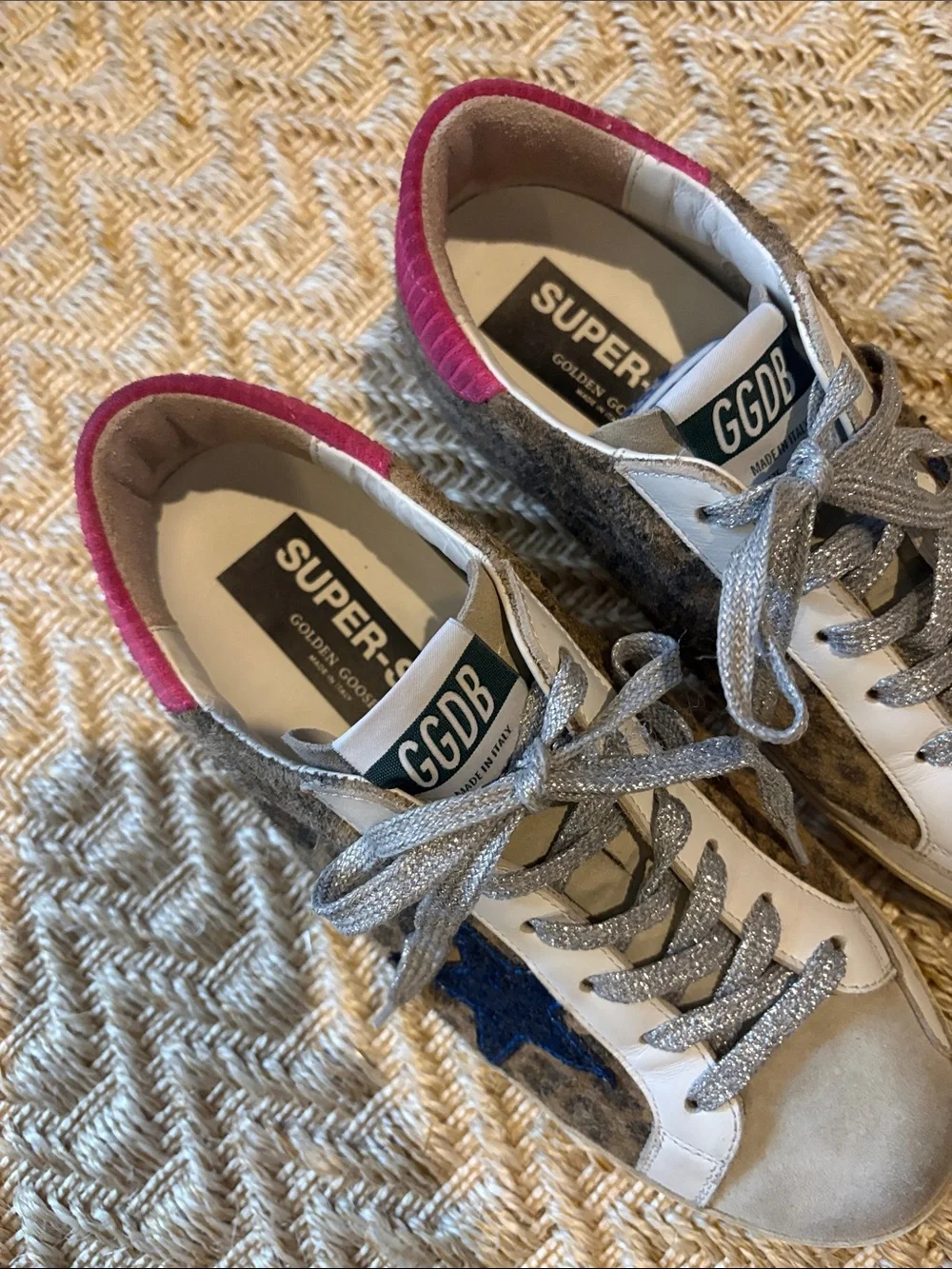 Golden Goose Leopard Print Sneakers with Blue Star Accent